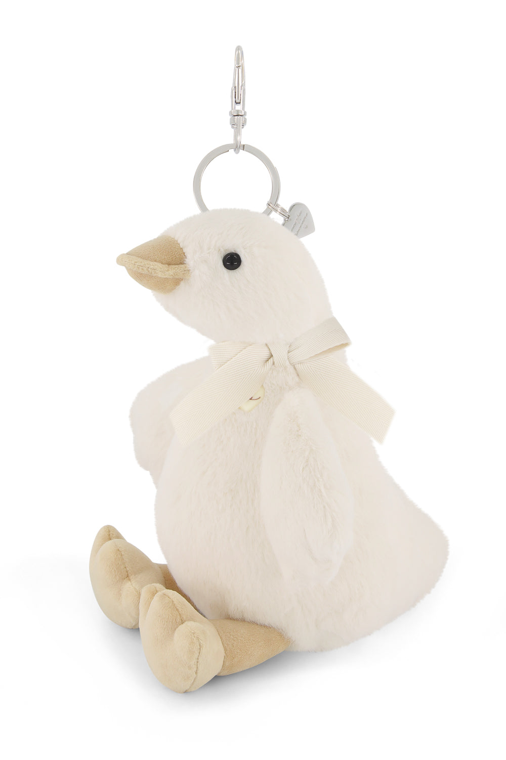 White plush duck toy with a keyring on a white background