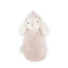 White bunny plush toy in a pink blanket and hat.