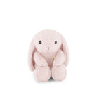 A pink plush bunny with floppy ears sits upright.
