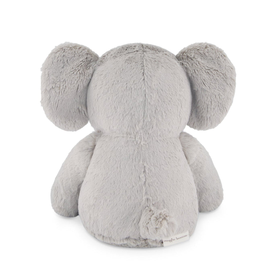 Gray stuffed elephant toy from behind.