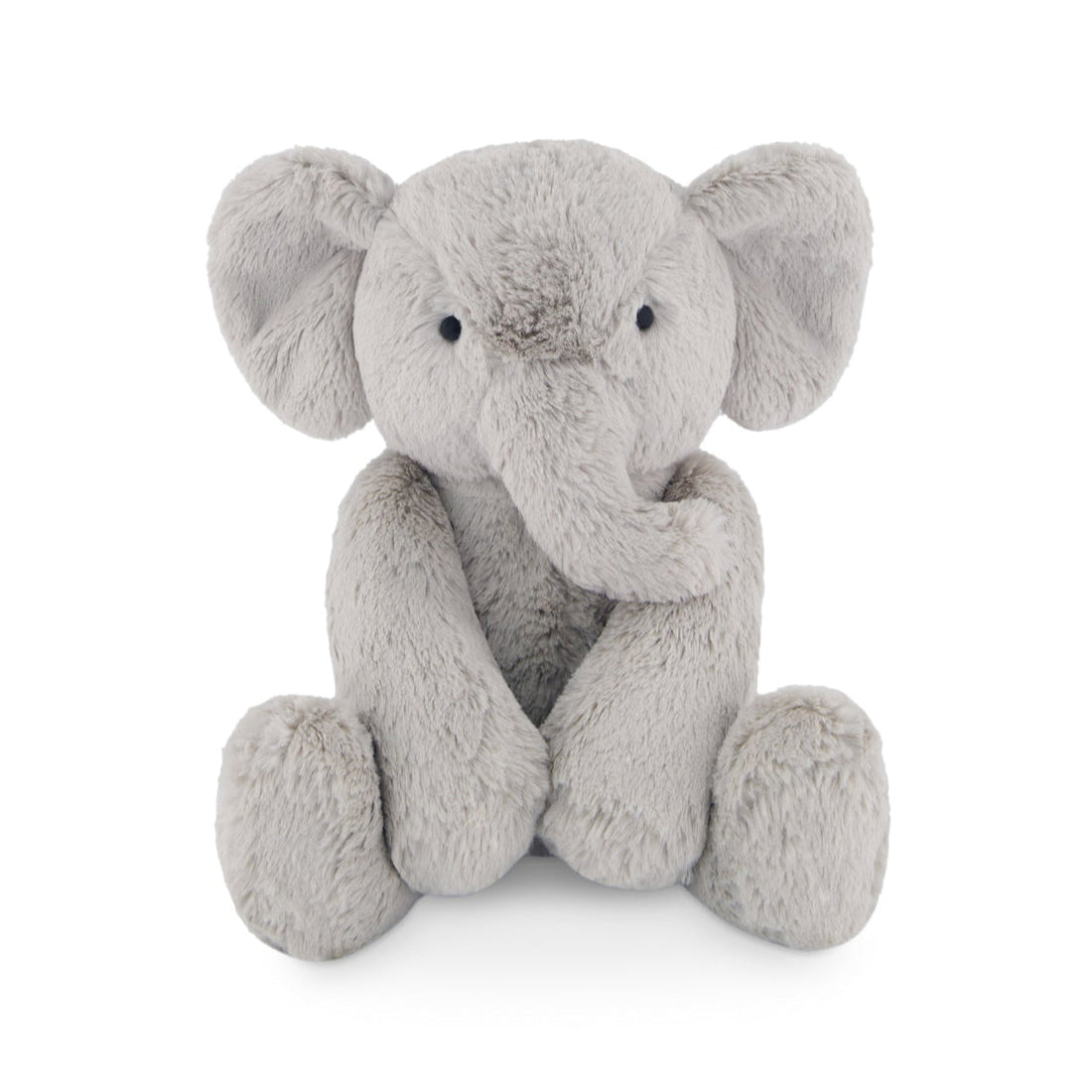 Gray plush elephant toy sitting.
