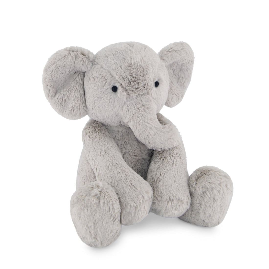 Grey stuffed elephant with floppy ears sitting on a white background.