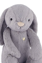 Grey plush bunny with a heart-shaped button.