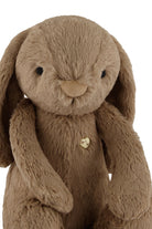 Brown plush bunny with a heart-shaped button.