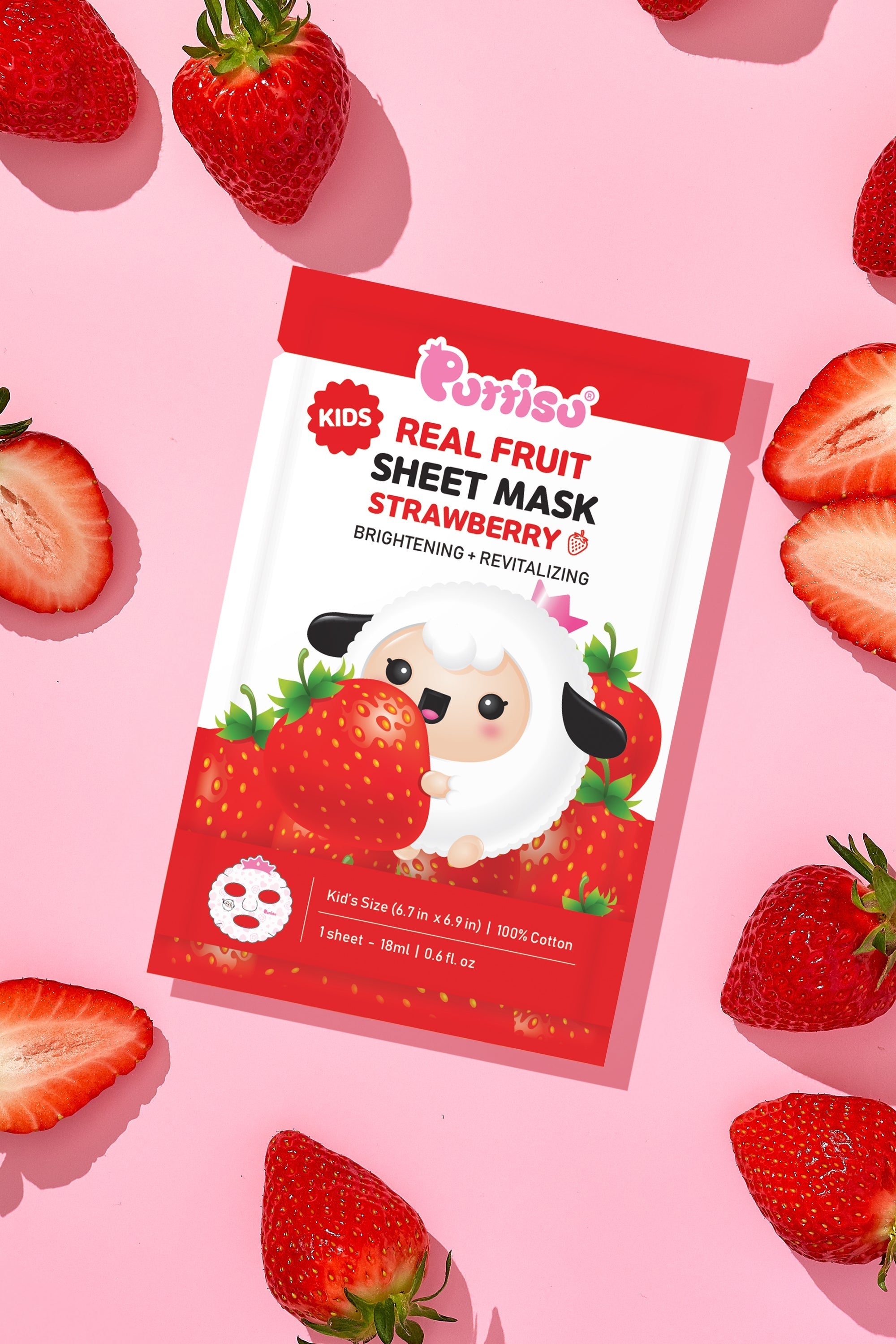 Kids' strawberry sheet mask packaging with cartoon sheep, strawberries, pink background.