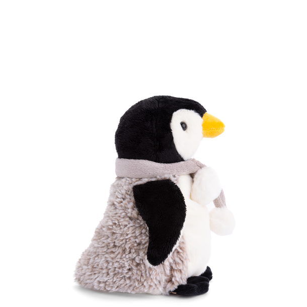 Plush penguin toy with a gray scarf on a white background