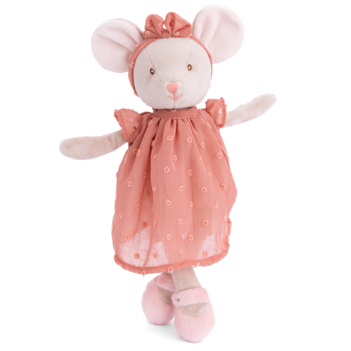Plush toy mouse in a pink dress on a white background