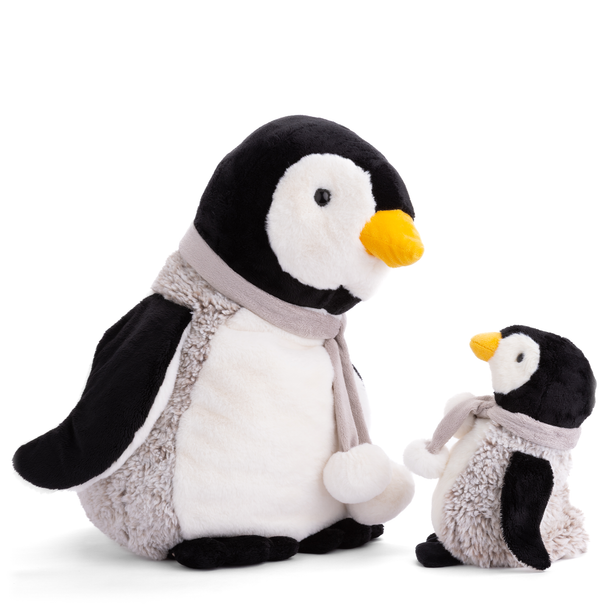Two plush penguins with scarves on a white background