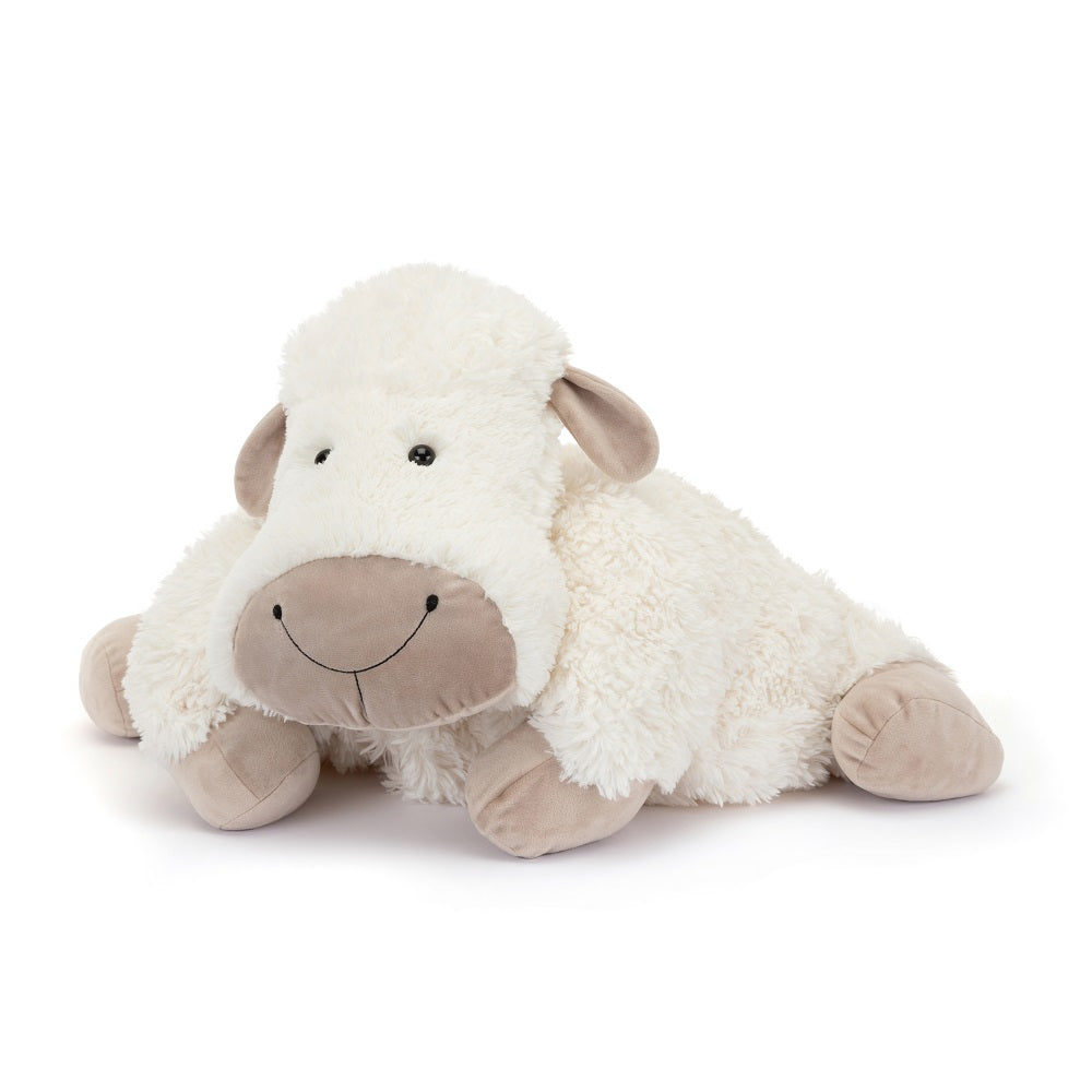 Stuffed plush sheep with beige face and paws.