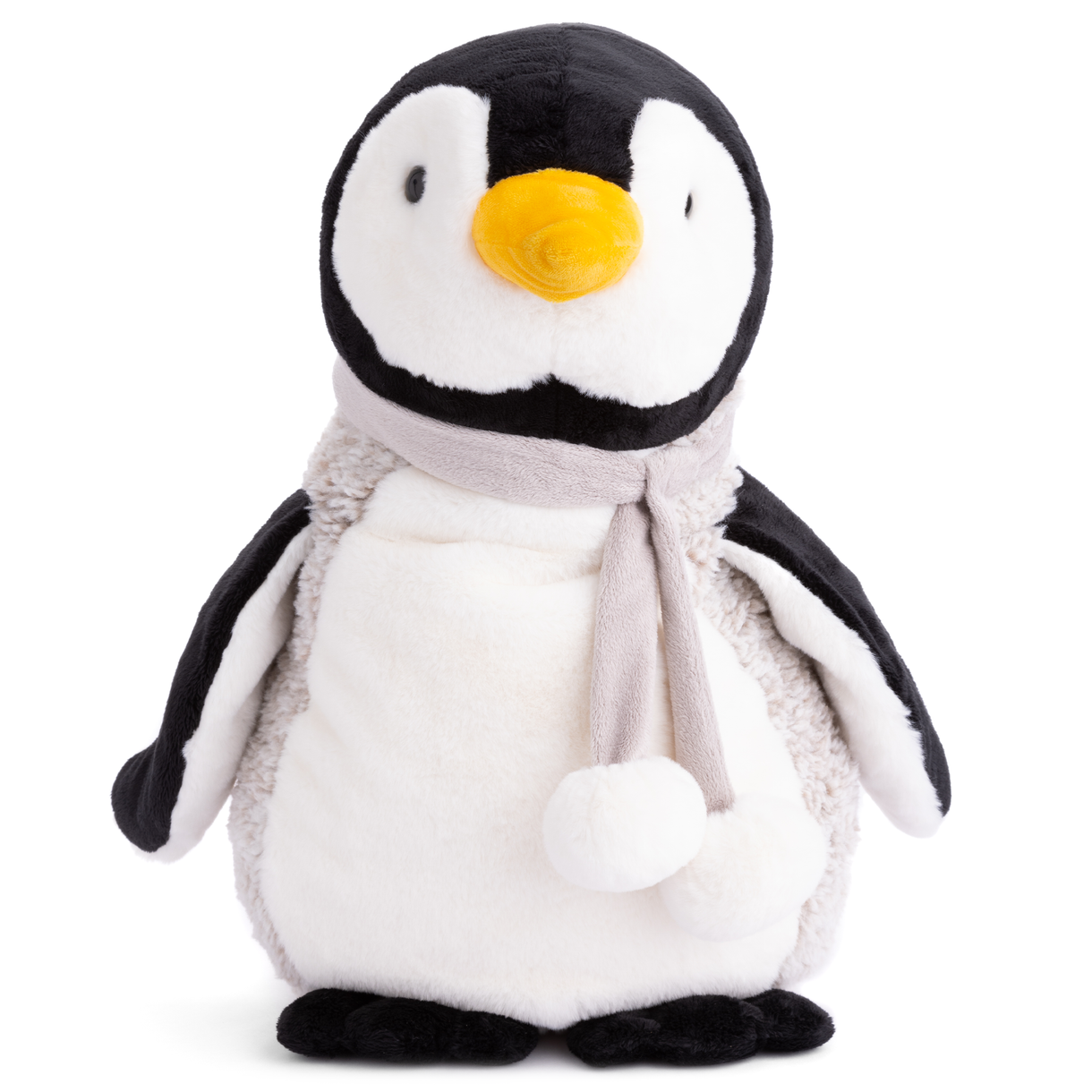 Plush penguin toy with a gray scarf on a white background