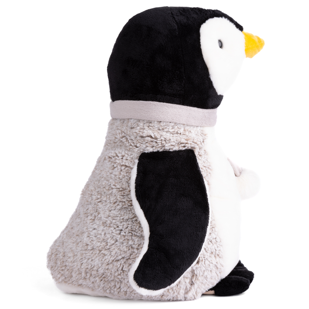 Plush penguin toy with a gray body and black and white head on a white background