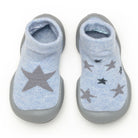 Pair of blue and gray baby sock shoes with star pattern.