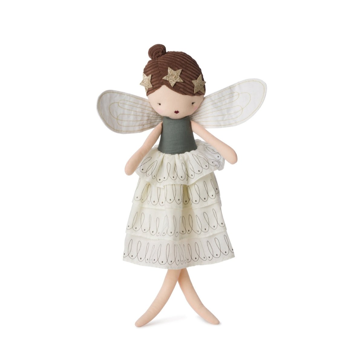 Stuffed fabric doll with wings, star hair accessories, and layered dress.