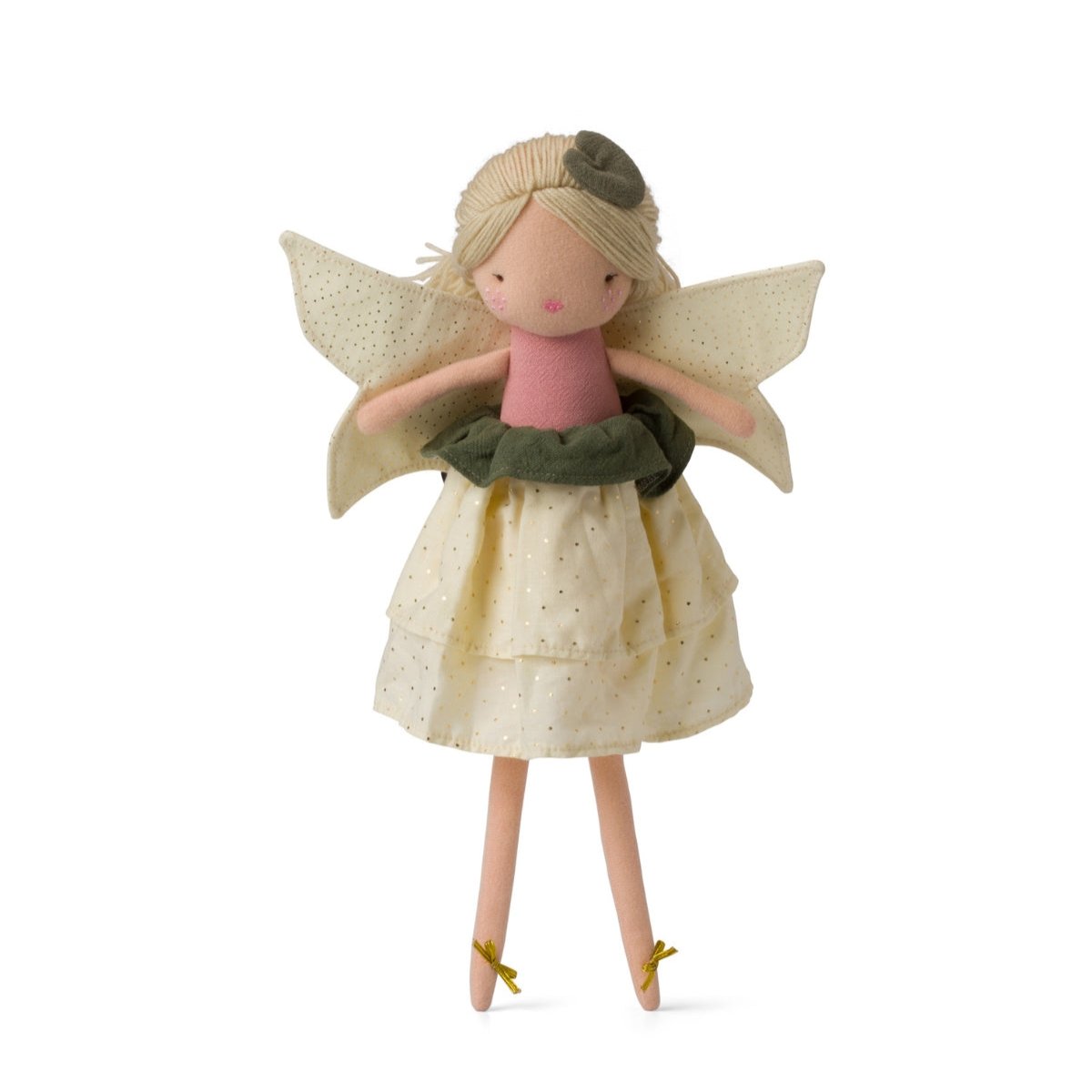 Stuffed fairy doll with blonde hair, pink top, layered yellow skirt with gold dots, green waist ruffle, and gold bow shoes.