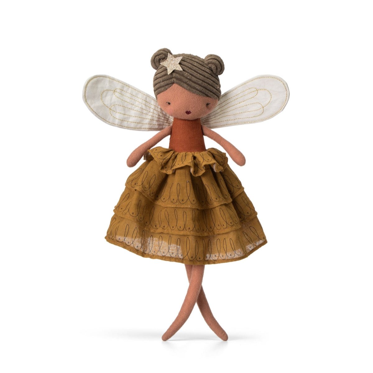 Stuffed fairy doll with brown hair, wings, and a tiered gold skirt.