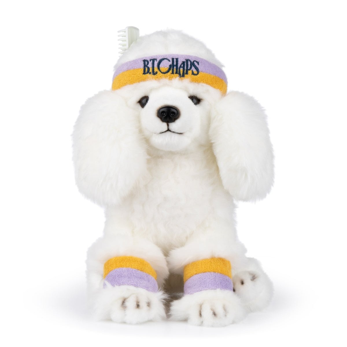 A plush, white poodle with a "BICHAPS" headband and athletic socks.