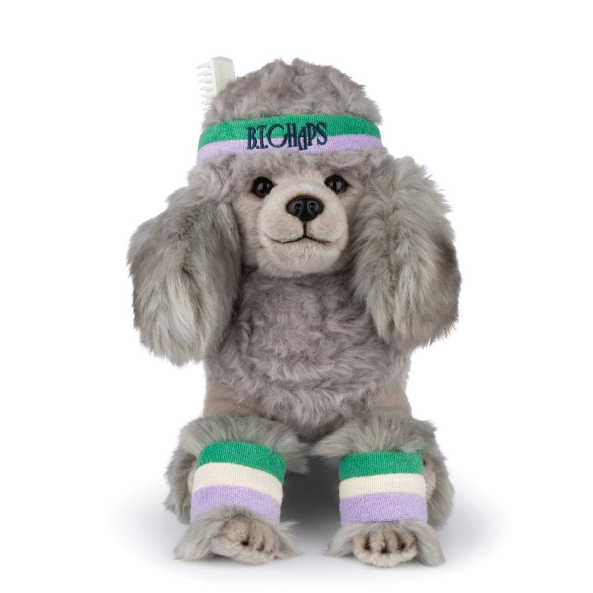 Stuffed gray poodle toy with headband and wristbands.