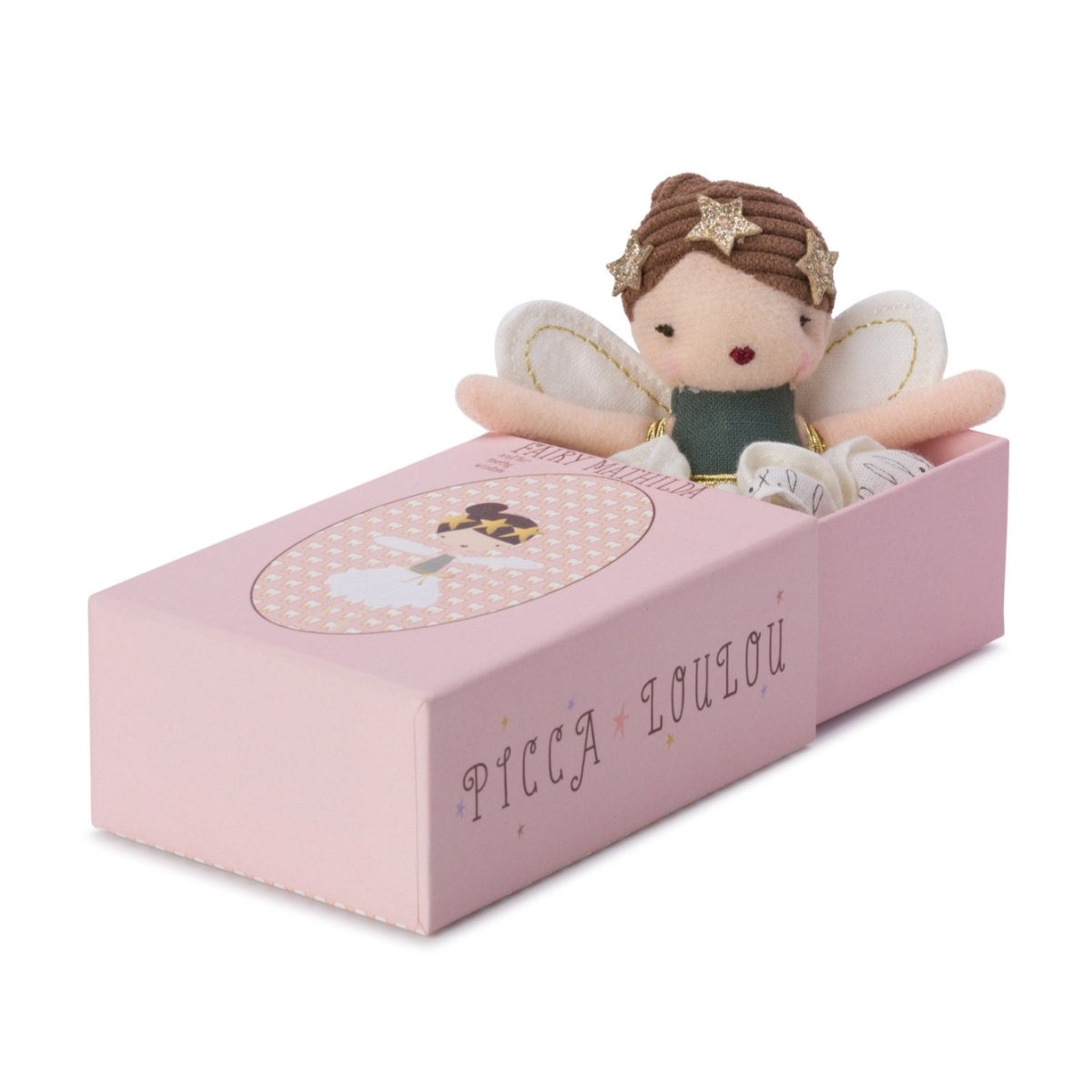 A doll of a fairy in a pink box.