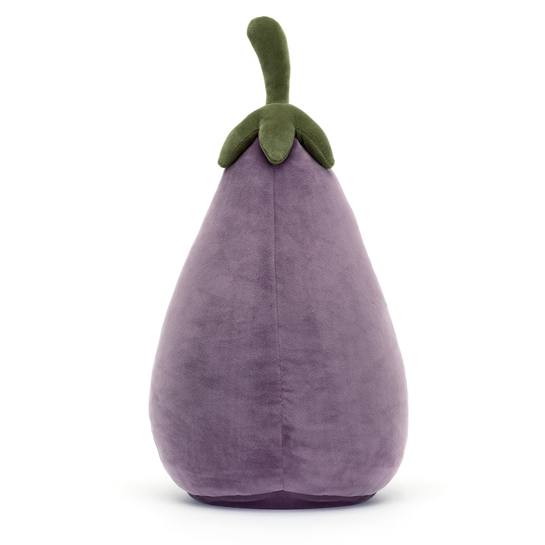 Plush eggplant with green stem and cap.