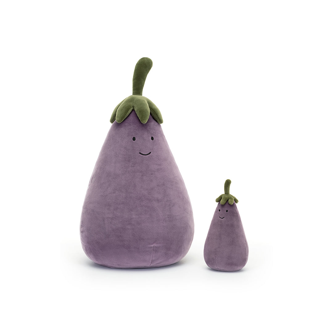 Two purple plush eggplants with green stems.