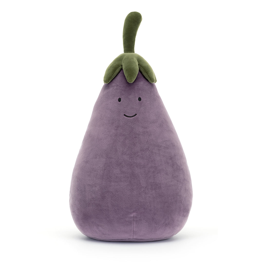 Purple plush eggplant with a green stem and a small, smiling face.