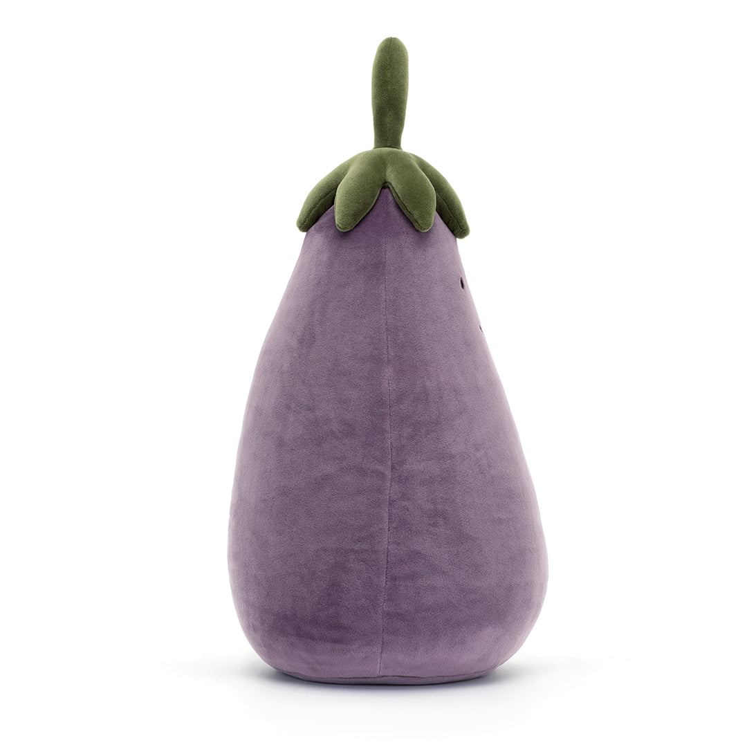 Plush eggplant toy with green stem.