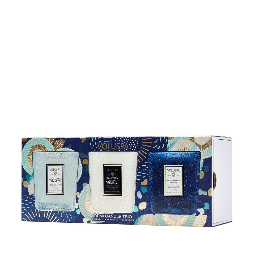 Voluspa Demi Candle Trio packaging with three candles on a decorative box.