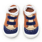 Pair of brown and blue toddler shoe socks with white soles.
