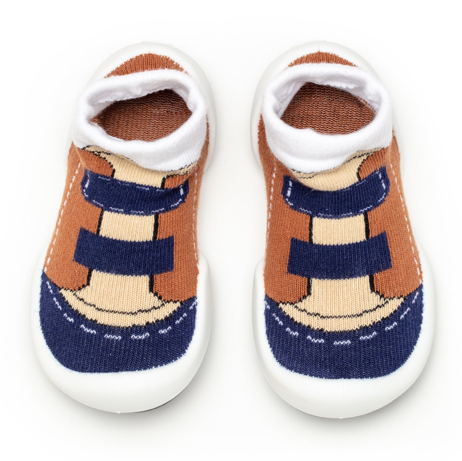 Pair of brown and blue toddler shoe socks with white soles.