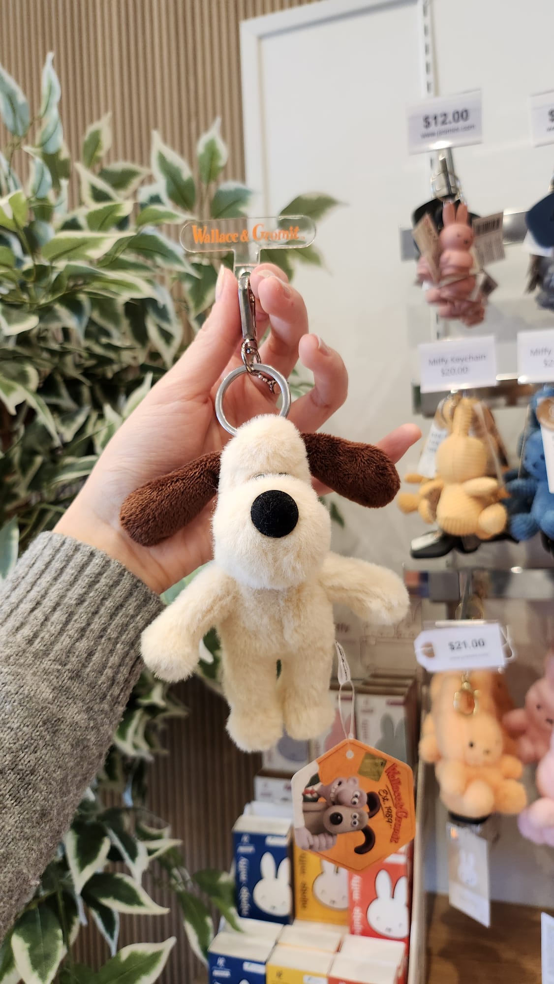Close-up of a person holding a plush Gromit keychain in a store, featuring a leafy plant and product displays in the background.