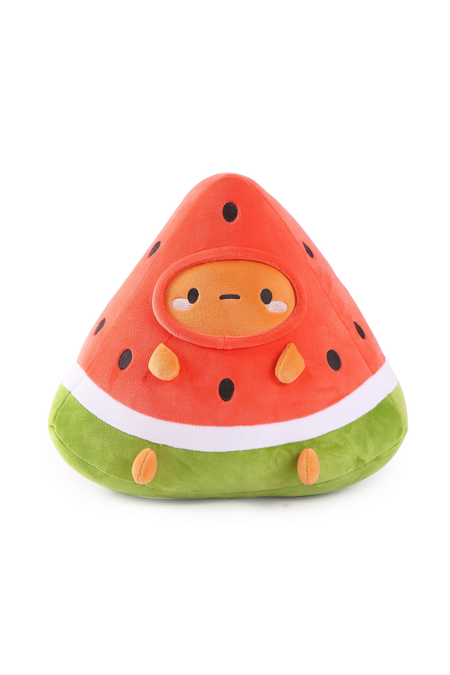 Plush watermelon slice toy with an orange face.