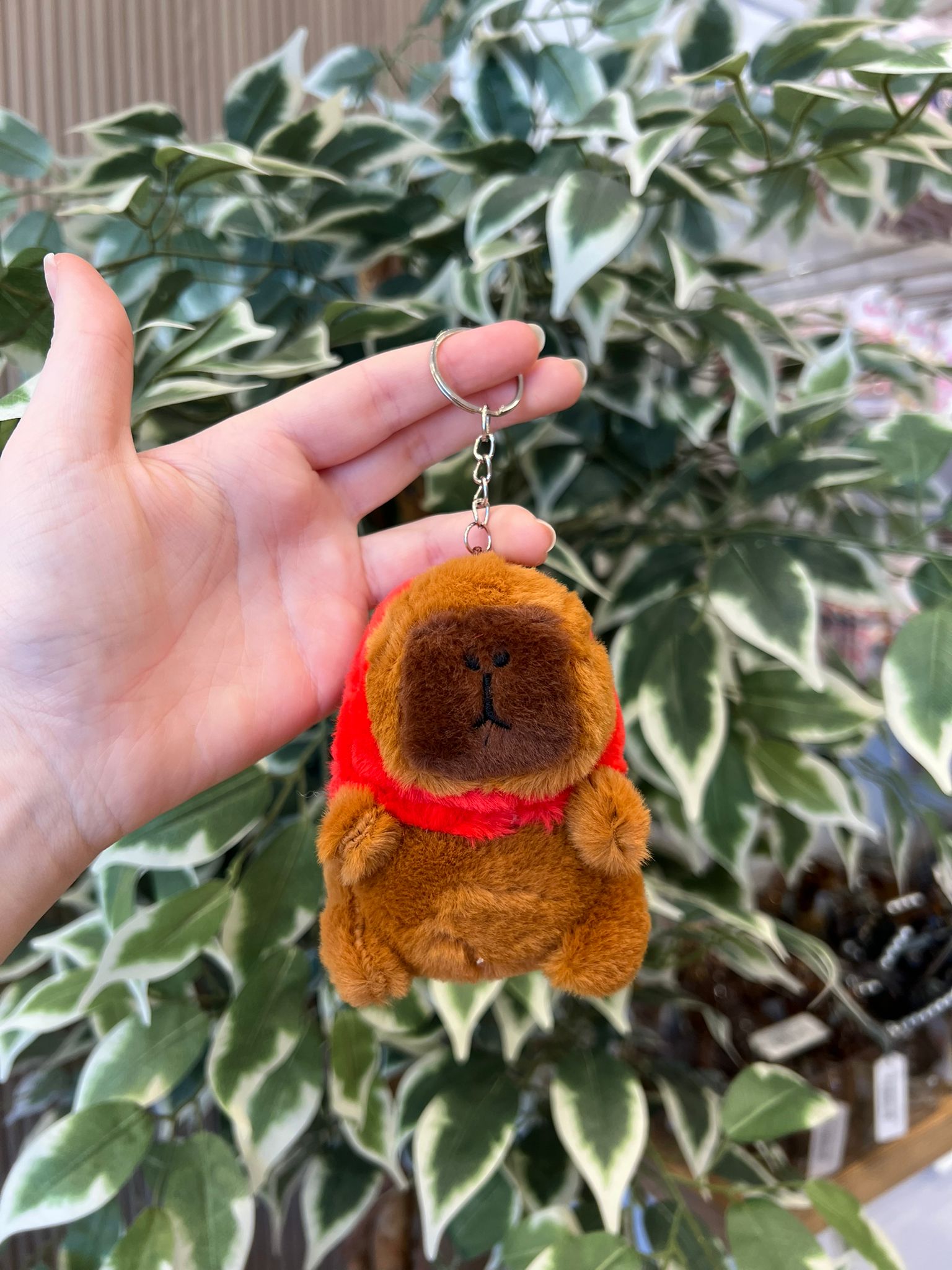 Hand holding a brown plush keychain with a red scarf.
