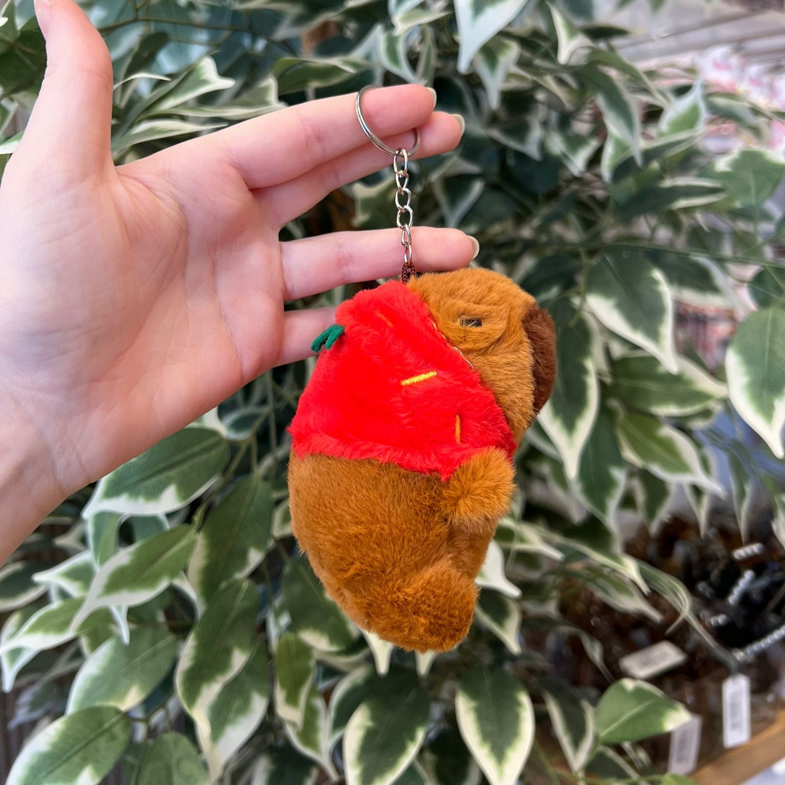 Hand holding a brown plush dog keychain with a red blanket.