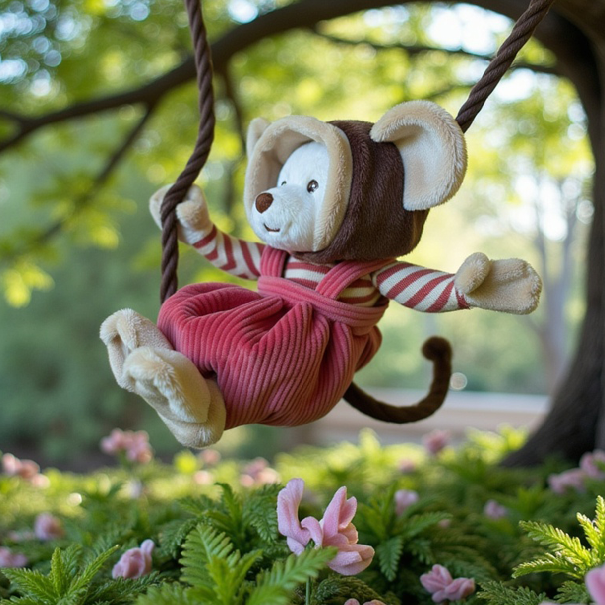 Plush monkey toy on a swing with a natural background
