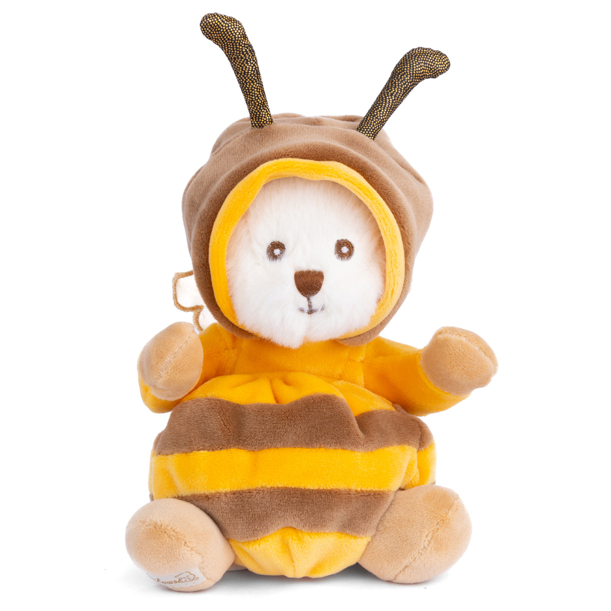 Plush toy in a bee costume on a white background