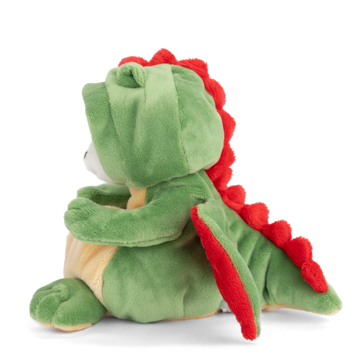 Green plush toy with red spikes on a white background