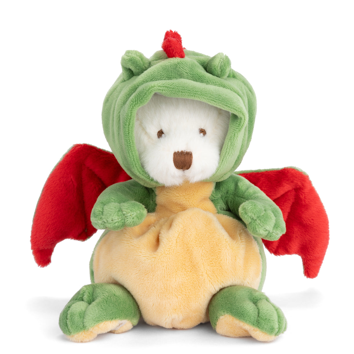 Plush toy resembling a dragon with a white face and red accents on a white background