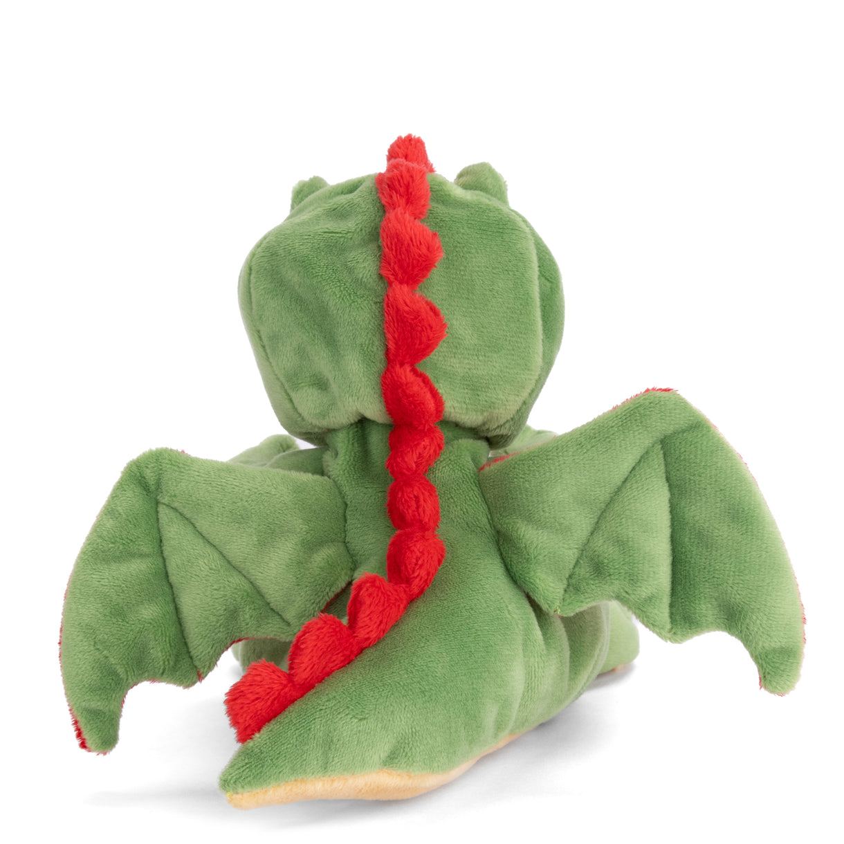 Green plush dragon toy with red accents on a white background
