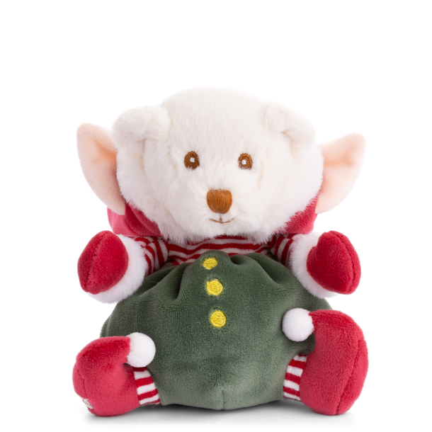 Plush toy mouse in a green outfit with red accents on a white background