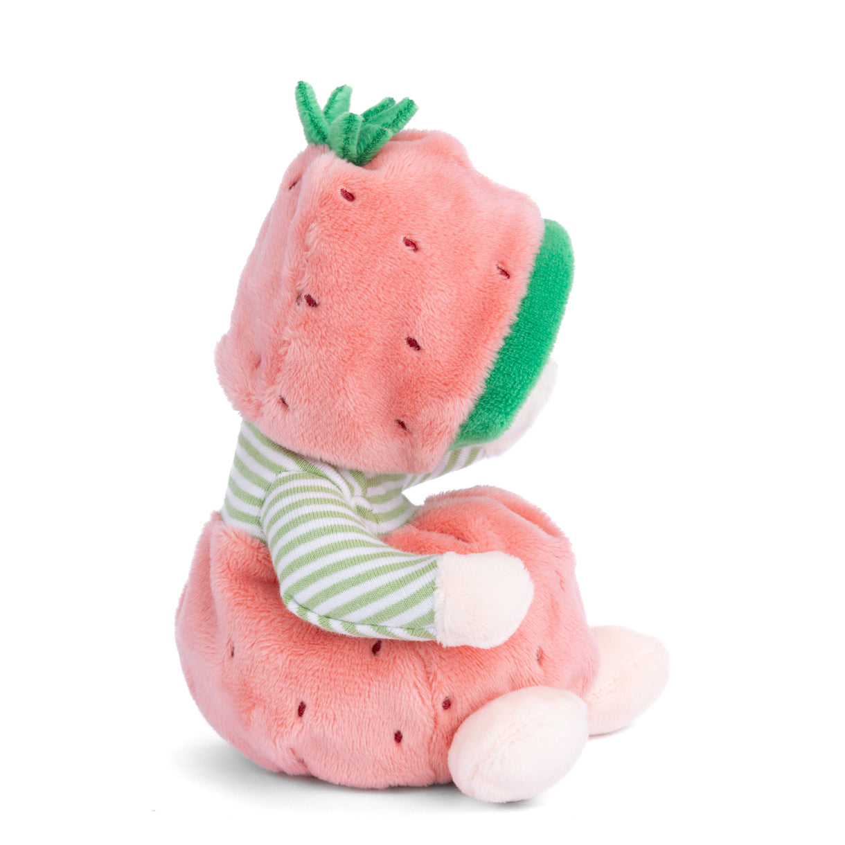 Plush toy shaped like a watermelon with a green stem on a white background