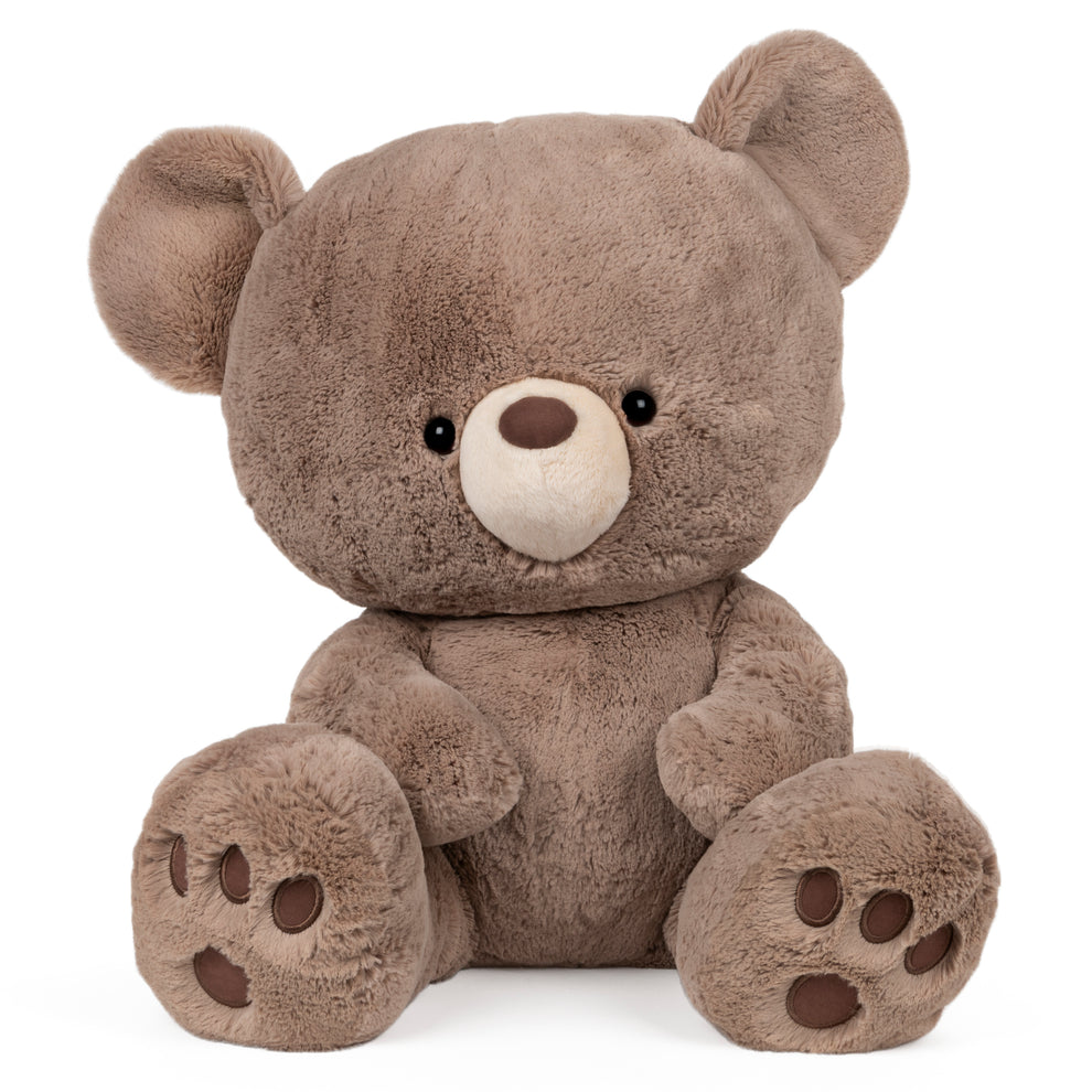 Brown plush teddy bear sitting.