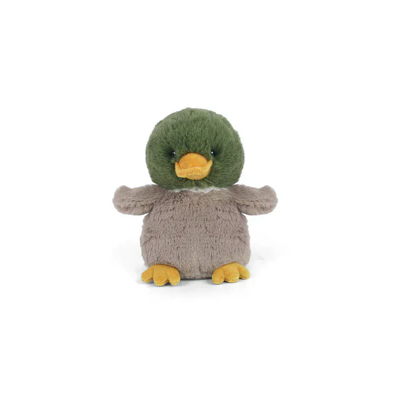 Plush toy penguin with green head and gray body on a white background