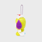 Yellow plush character with purple, white, and red details, attached to silver ball chain.