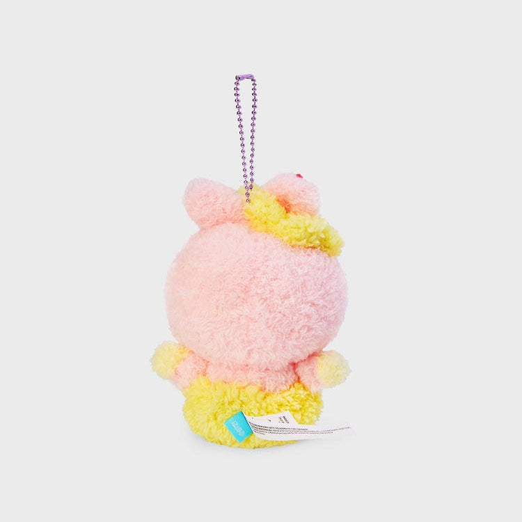 Pink and yellow plush animal charm with a ball chain.