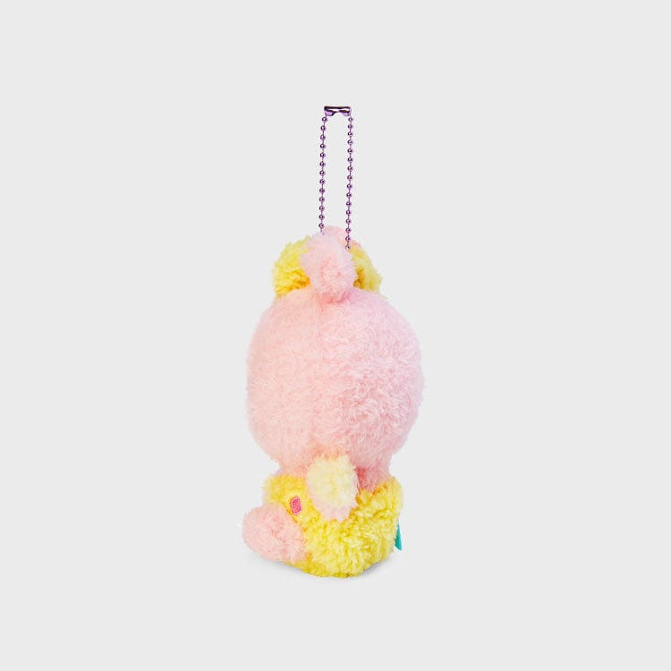 Pink and yellow plush toy with a silver chain.