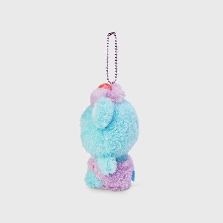 Plush, turquoise and purple stuffed toy keychain, side view, silver beaded chain.