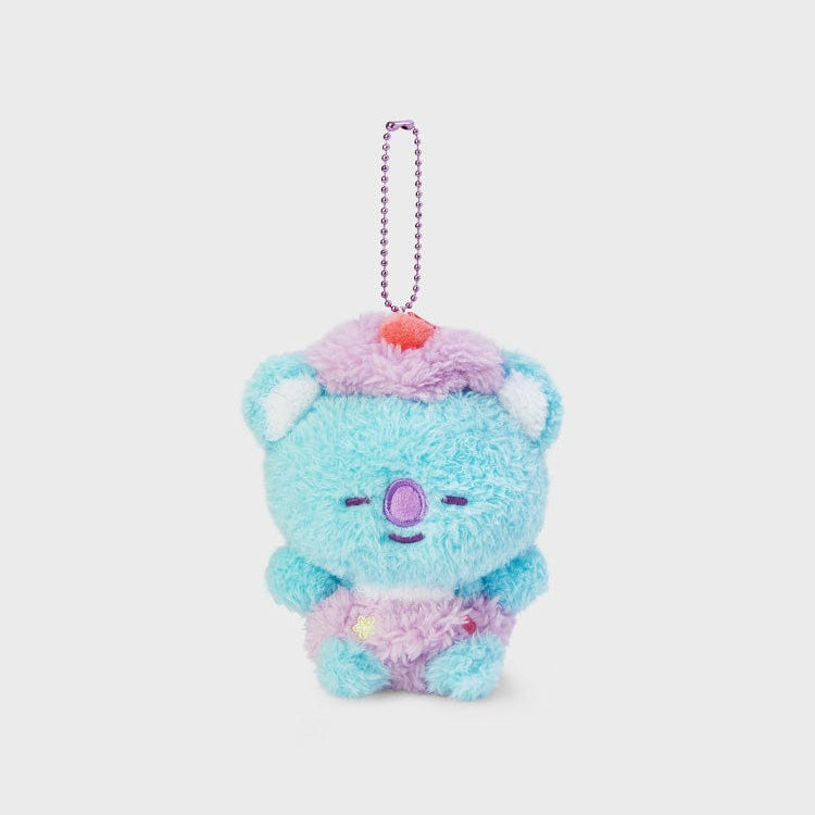 Light blue and pink plush koala keychain with metal chain.