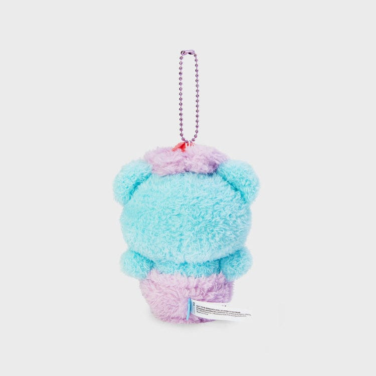 A fluffy blue bear plushie with a purple chain, seen from the back.