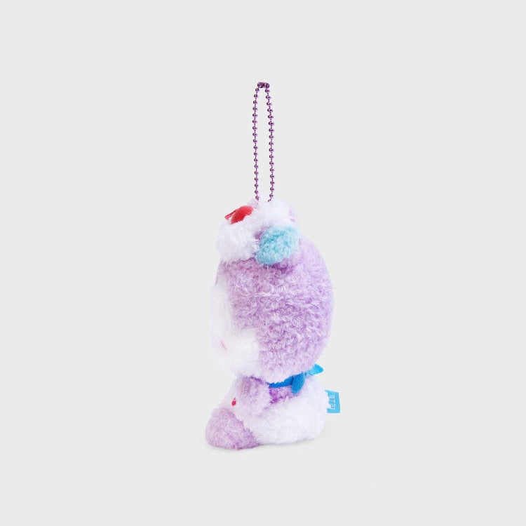 Purple plush toy hanging from a silver chain.