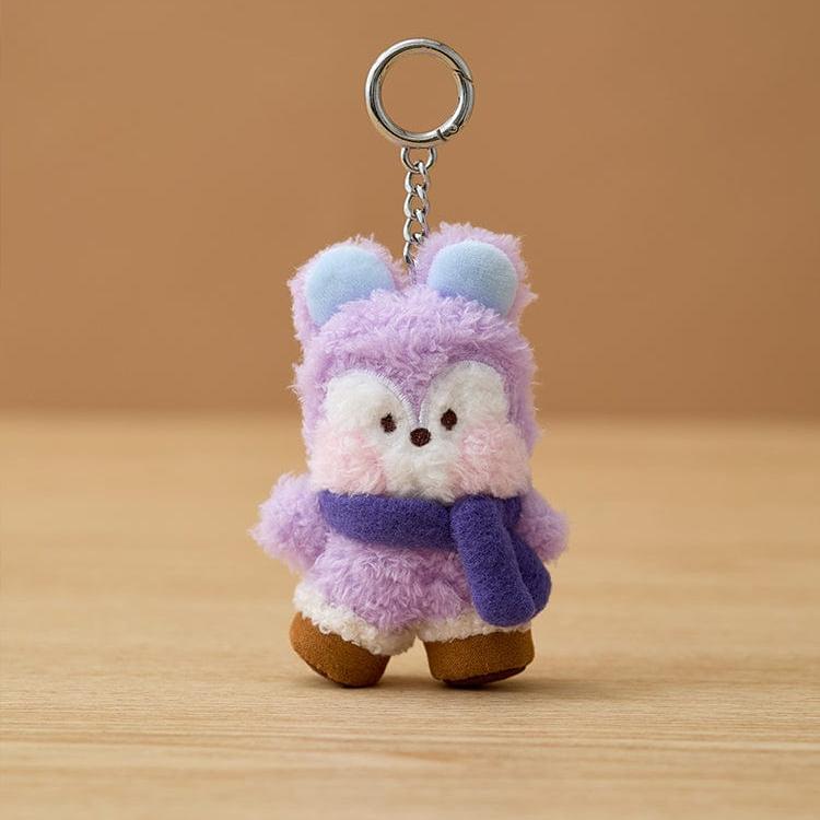 Plush purple rabbit keychain with blue ears, scarf, and brown feet.
